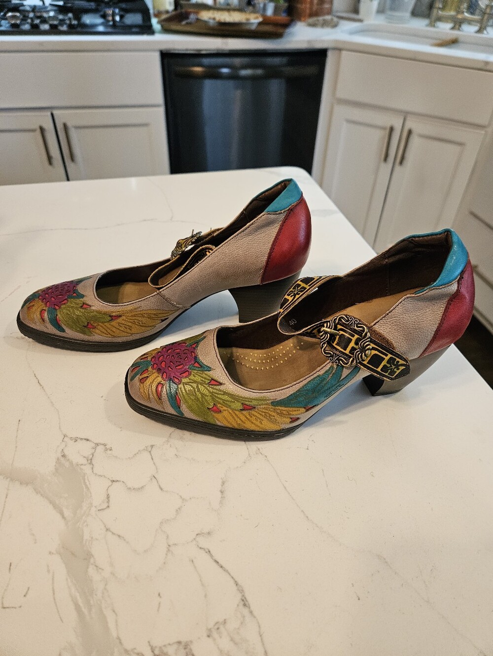 New Socofy Brown Floral Leather Mary Jane Heeled Shoes Sz 8.5 40